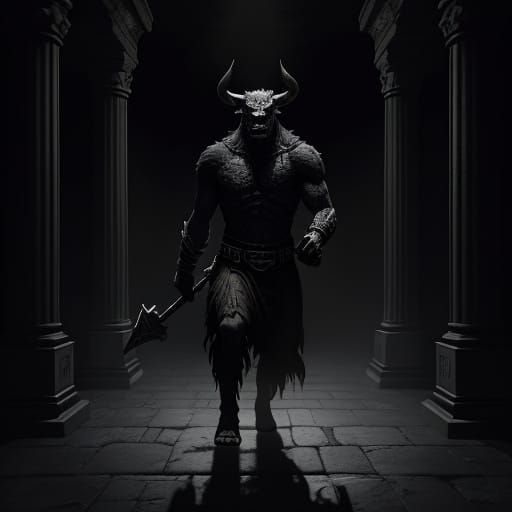 Minotaur Confrontation in Dark Labyrinth Cinema Style