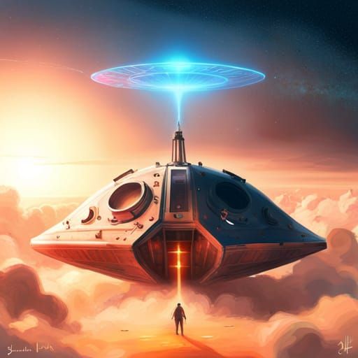 Chrome Black UFO Landing with Celestial Glow