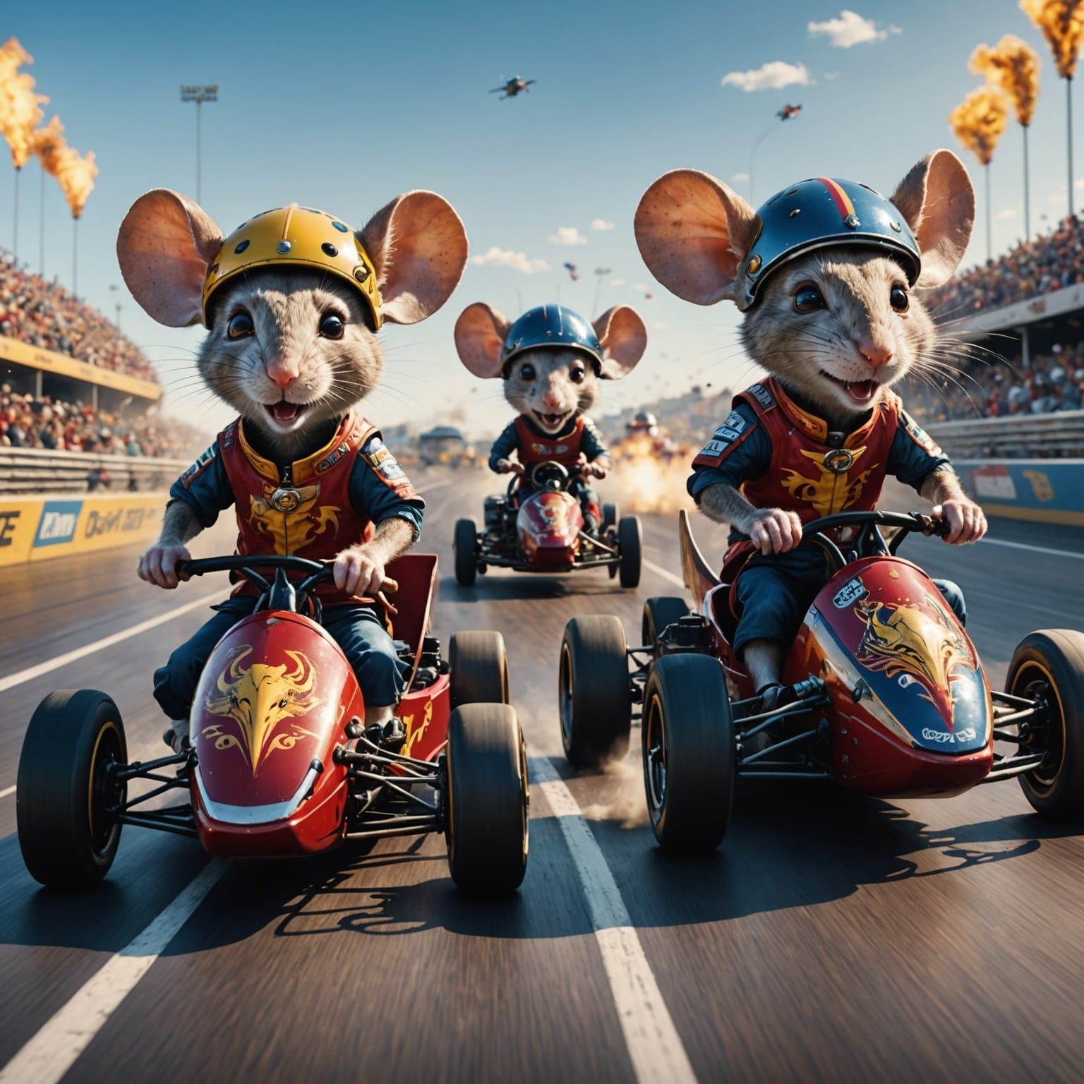 Mice Drag Racers Show Determined Faces on Grand Track