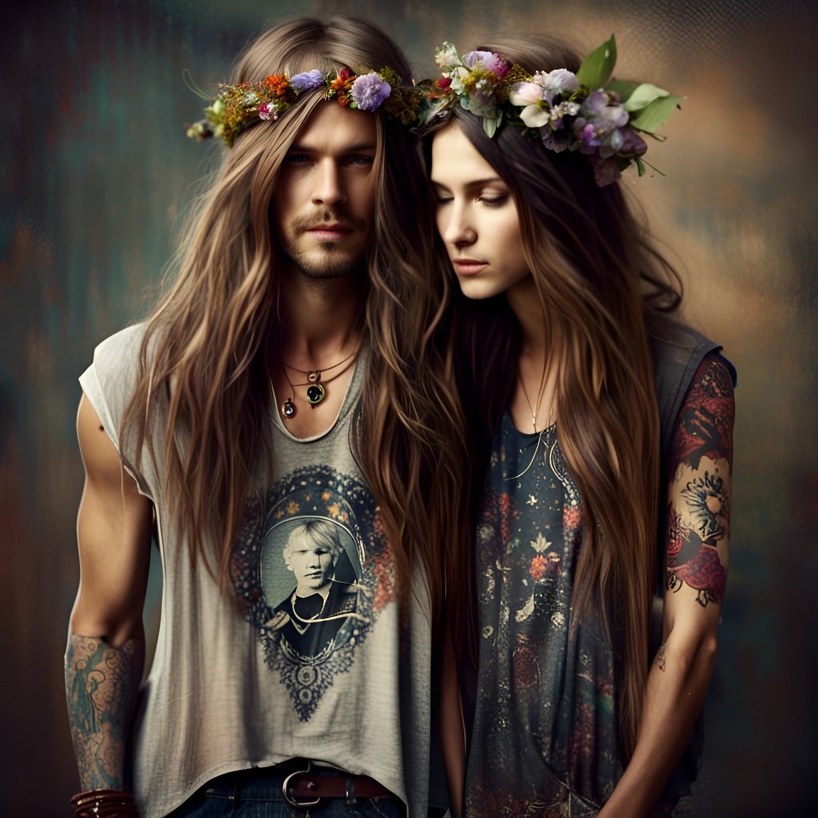 Hipster Hippie Couple with Flower Crown