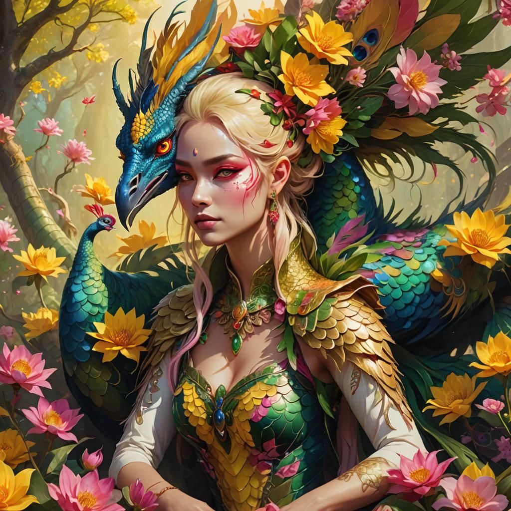 Fantasy Dragon Peacock Woman in Ornate Detail
