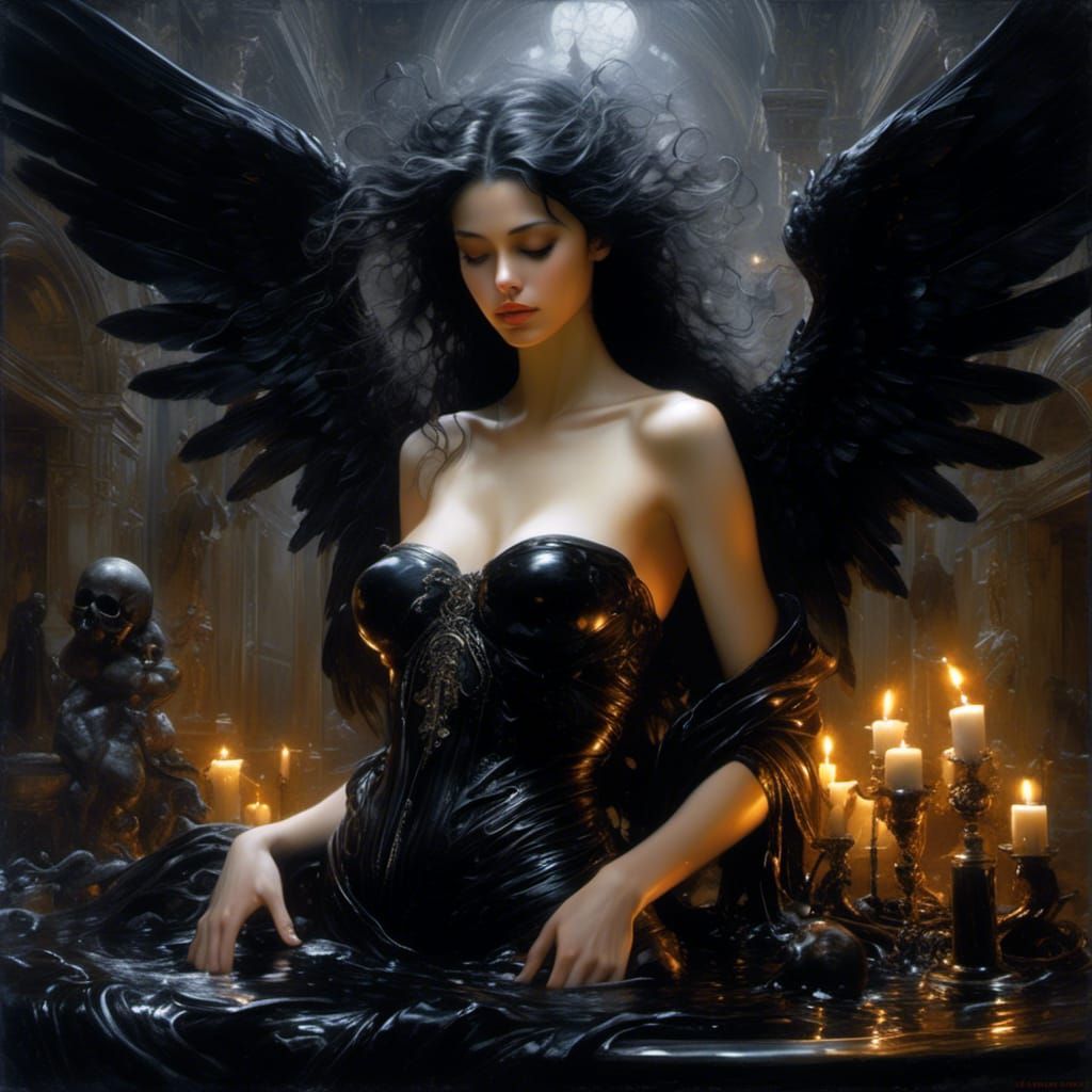 Gothic Black Angel in a Mysterious Bath, Hyperreal Oil Paint...