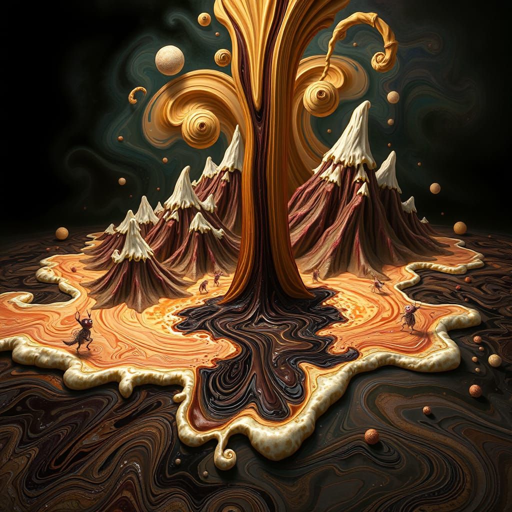 Surreal Coffee Landscape with Whimsical Creatures in Vibrant...