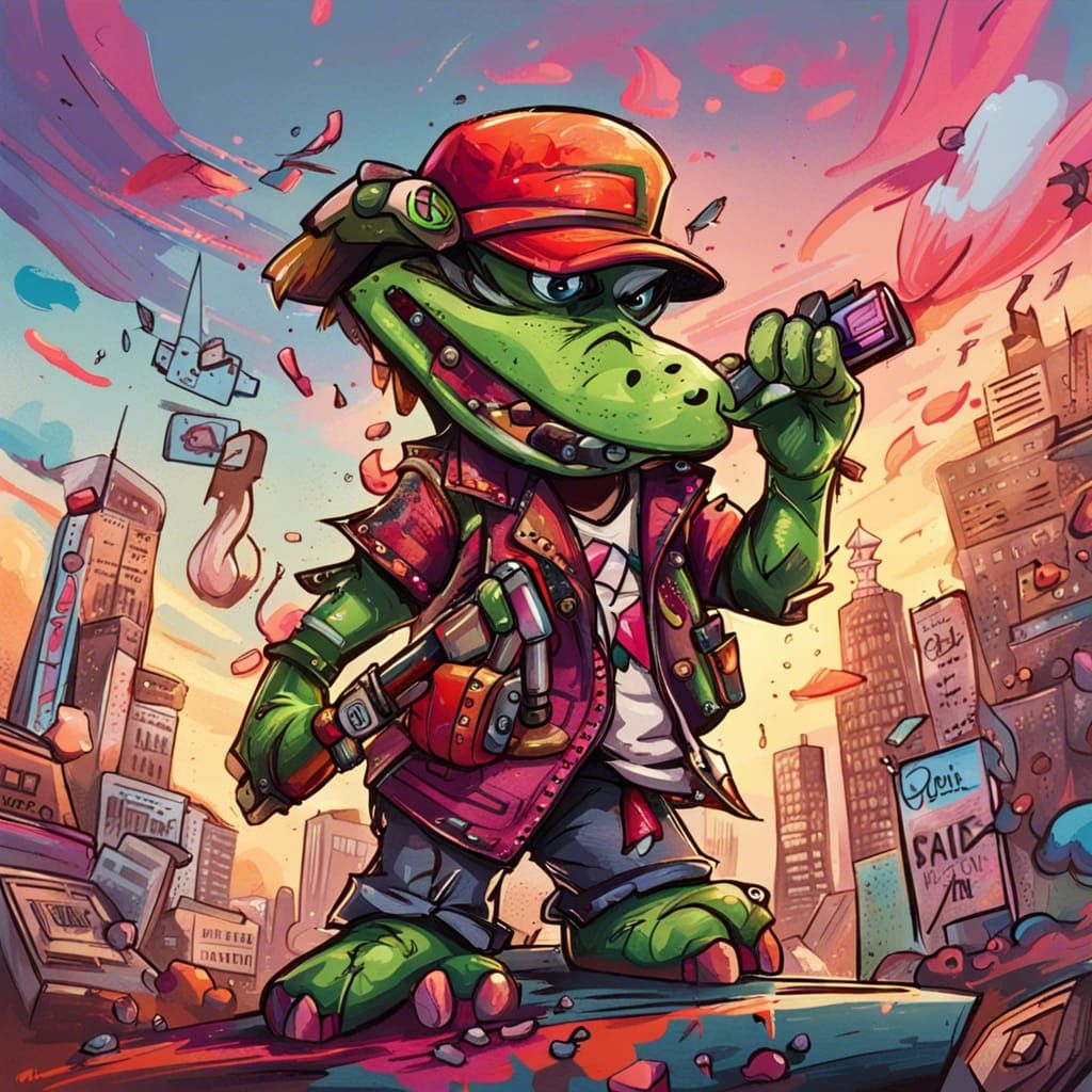 Chibi Crocodile Rock and Roll Graffiti Art