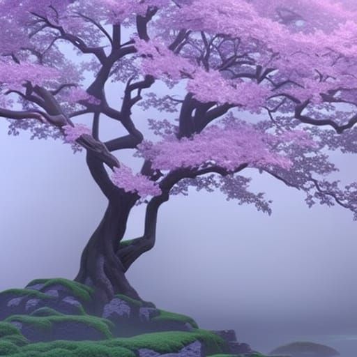 Ethereal Cherry Blossom Tree with Japanese Flag