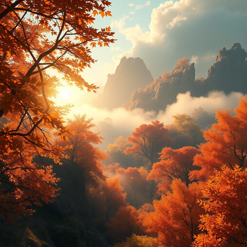 Golden Autumn Landscape in 3D Anime Style