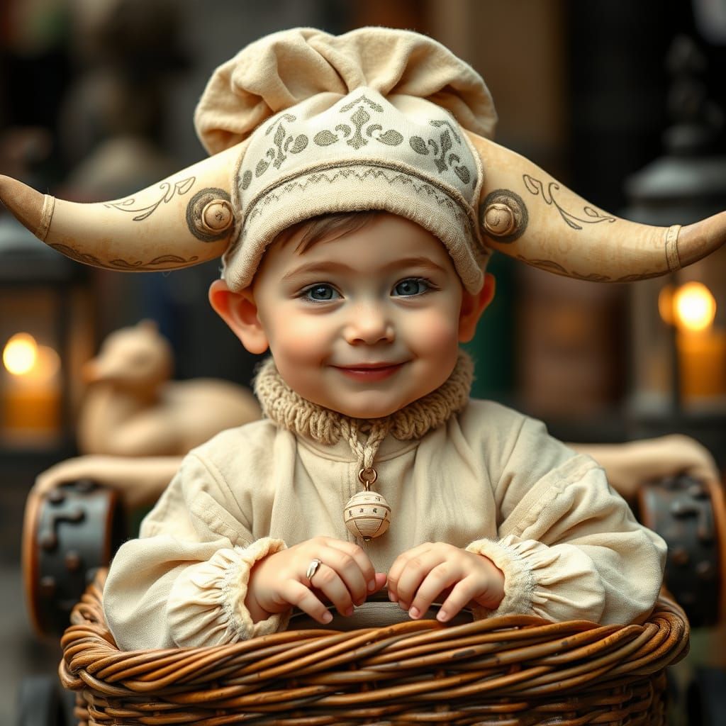 Exquisite Medieval Child in Rustic Bell-Boy Attire
