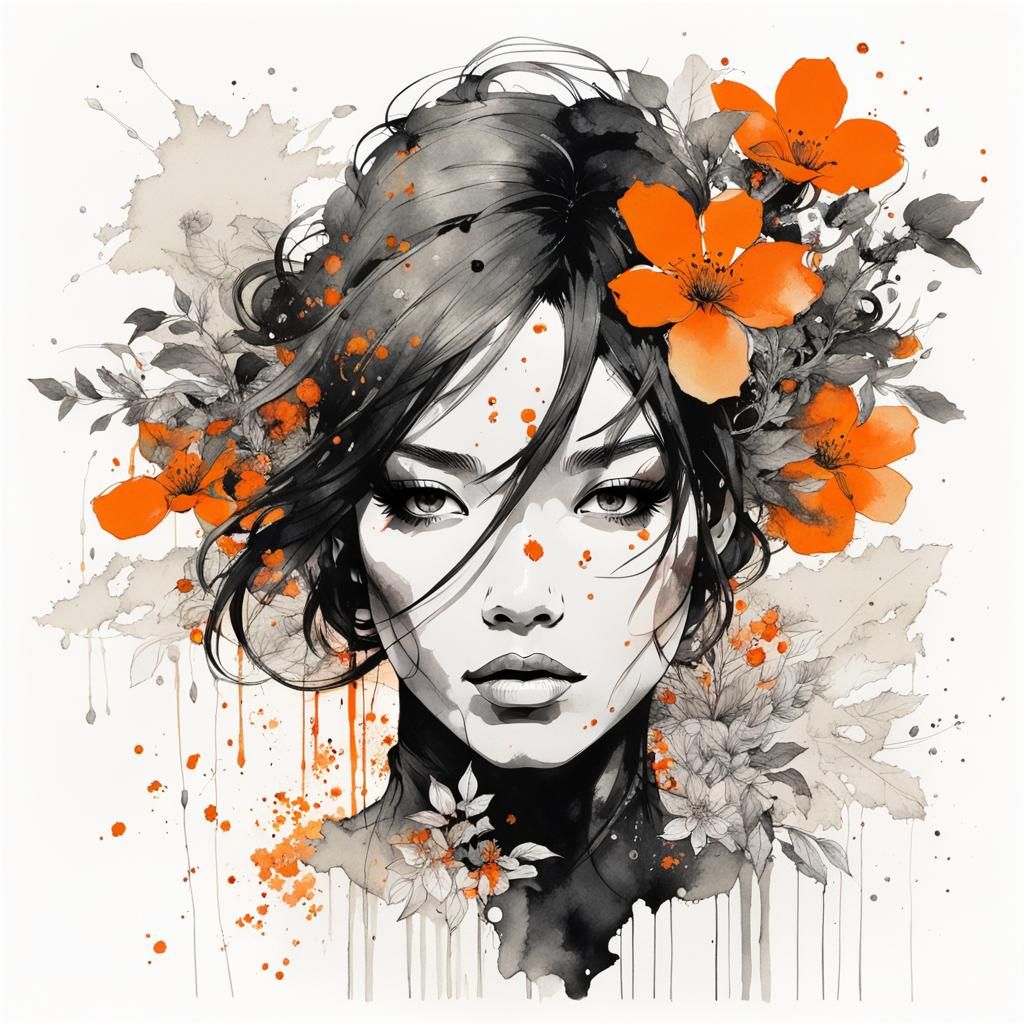 Botanical Ink Portrait with Tangerine Flowers