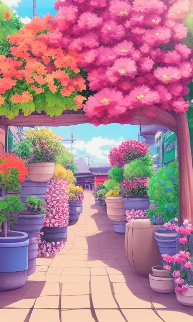 Cozy Anime Store with Flower Baskets in Impasto Style