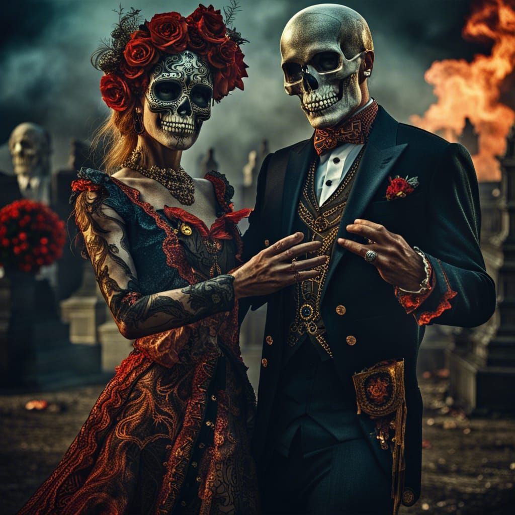 Dancing Skull Couple in Graveyard, Detailed Digital Painting