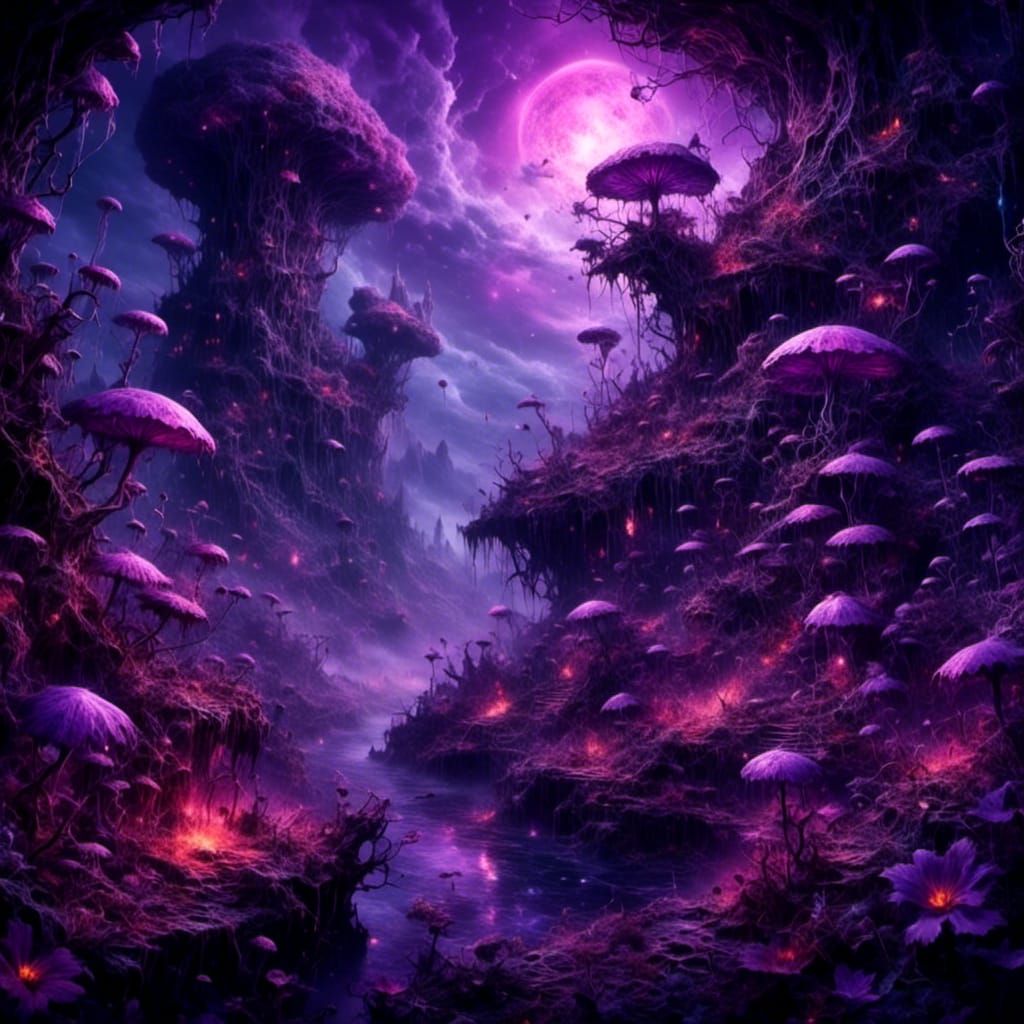 Ethereal Party Scene on Purple Alien Planet