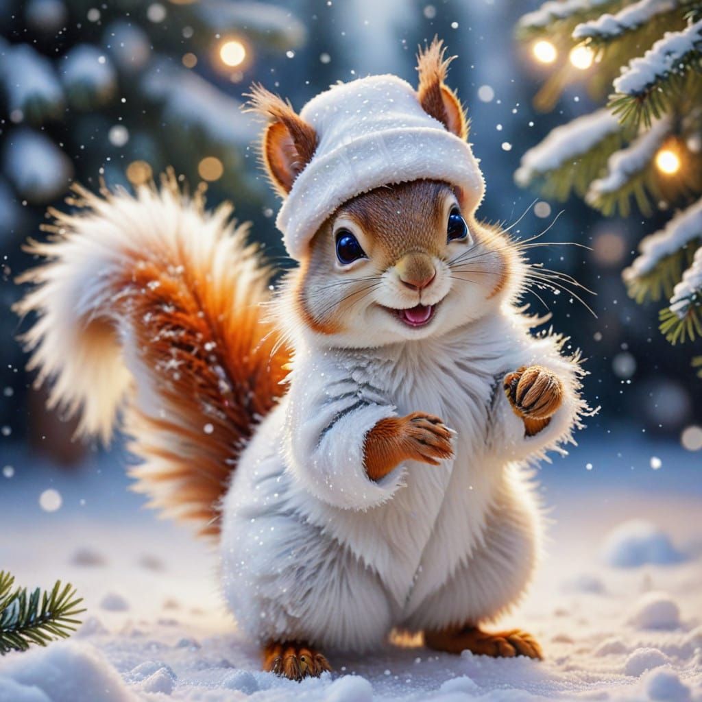 Winter Squirrel Dances Under Christmas Tree in Disney Style