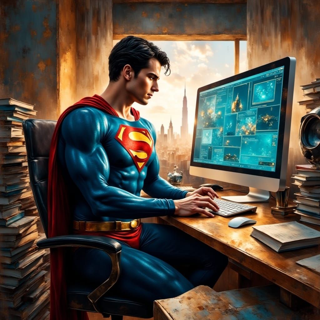 <lora:EtherealVisionsFlux:1.0> superman devant un ordinateur