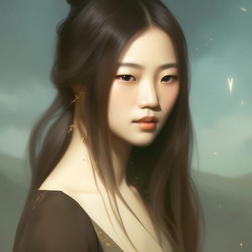 Asian Girl with long brown hair, brown eyes and stars behind her
