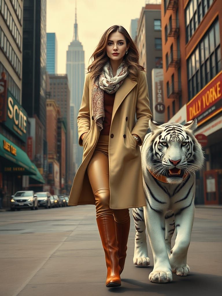 Confident Woman and White Tiger on Southern Blvd