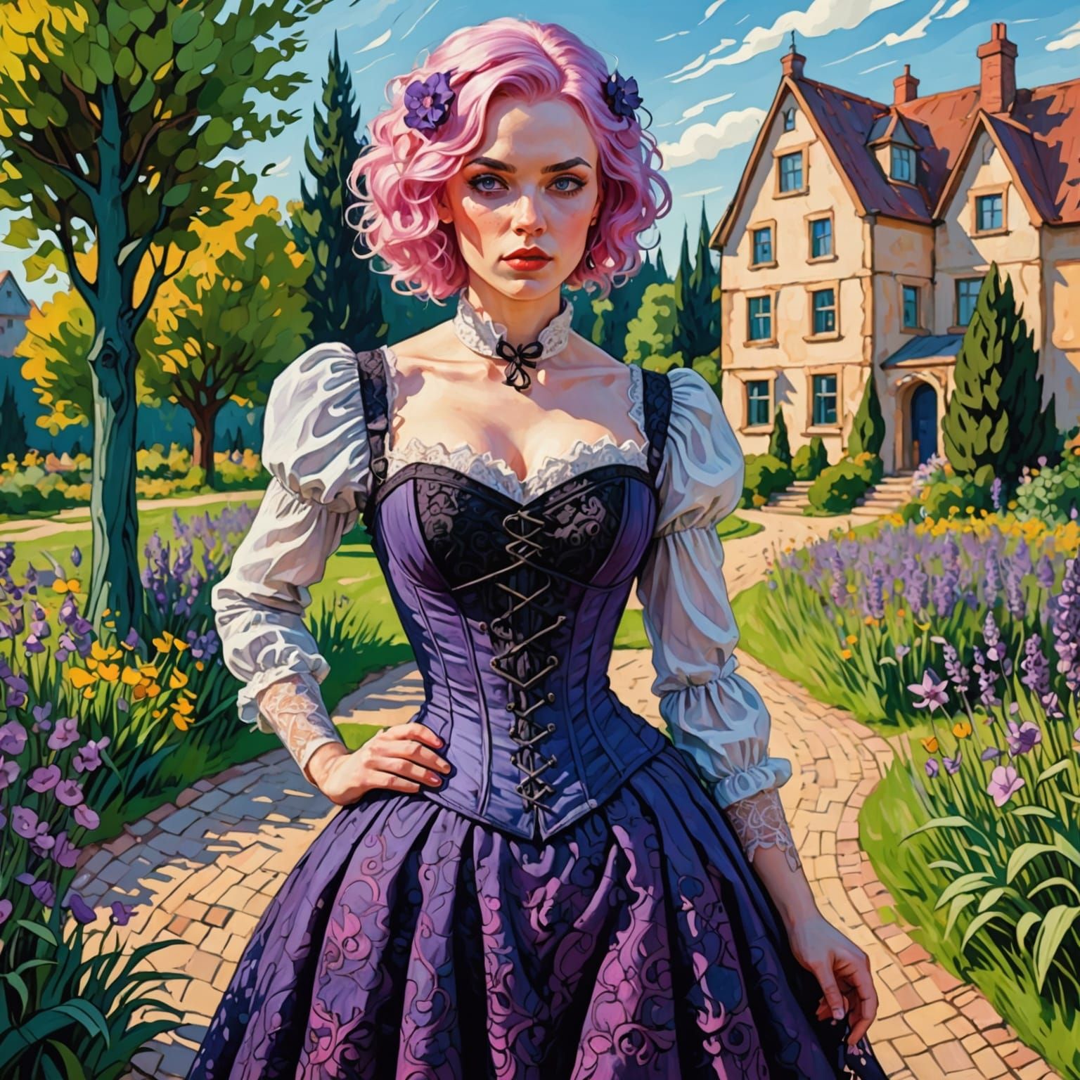 Pink-Haired Woman Posing in Garden as Van Gogh Art