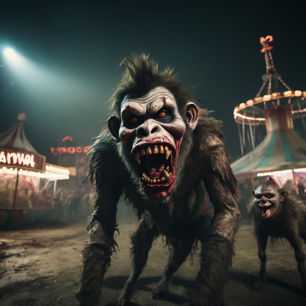Zombie Monkey Clowns Ride Pigs in Abandoned Carnival