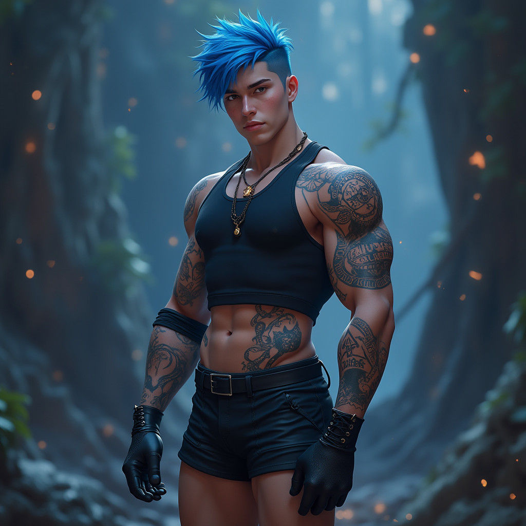 Nonbinary Man with Tattoos in Fantasy Art Style