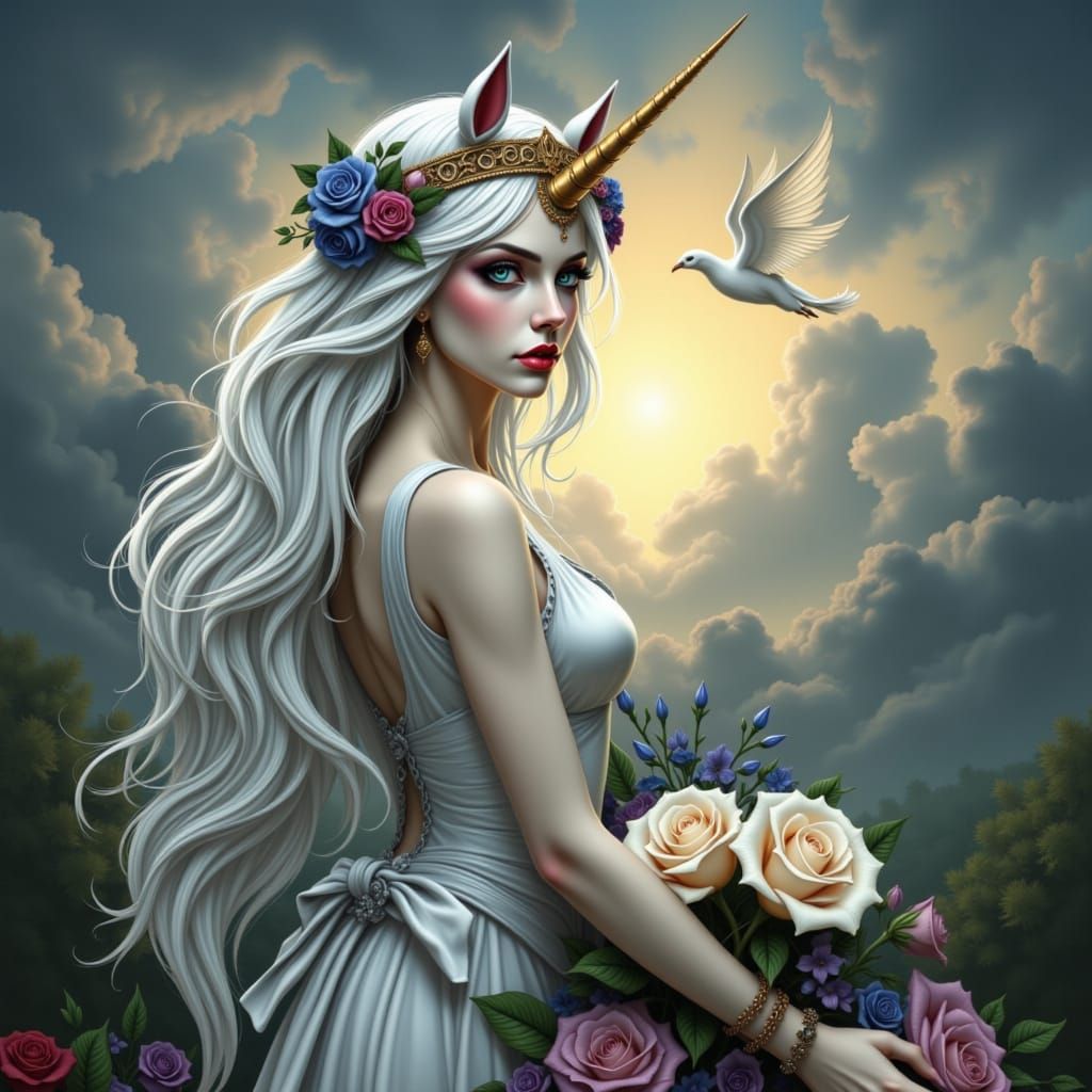 Mythical Female Unicorn in Dreamy Landscape
