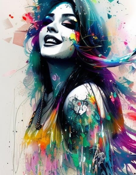 Laughing Witch Portrait in Watercolour Splash Art