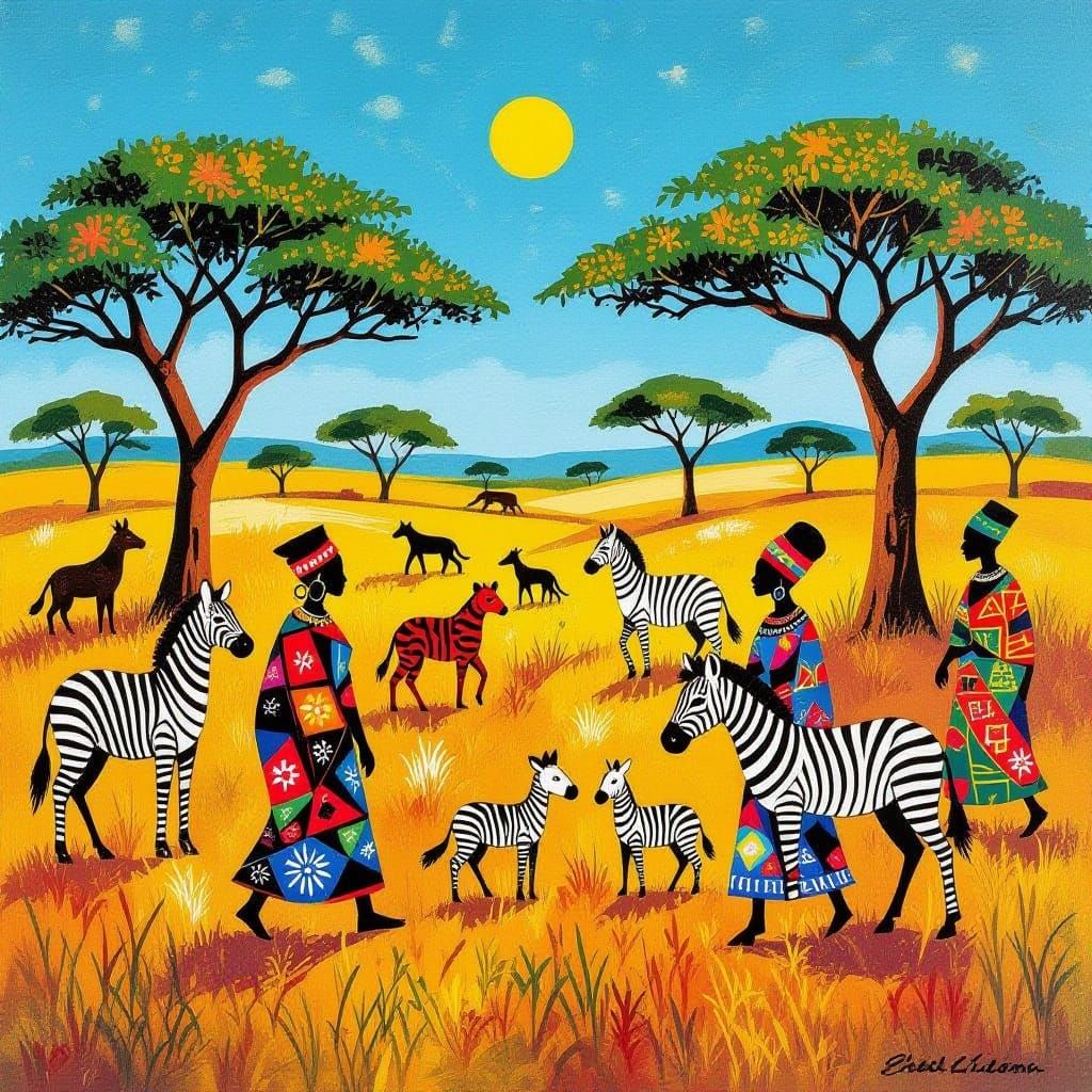 African Animals in Tingatinga Style on Savannah