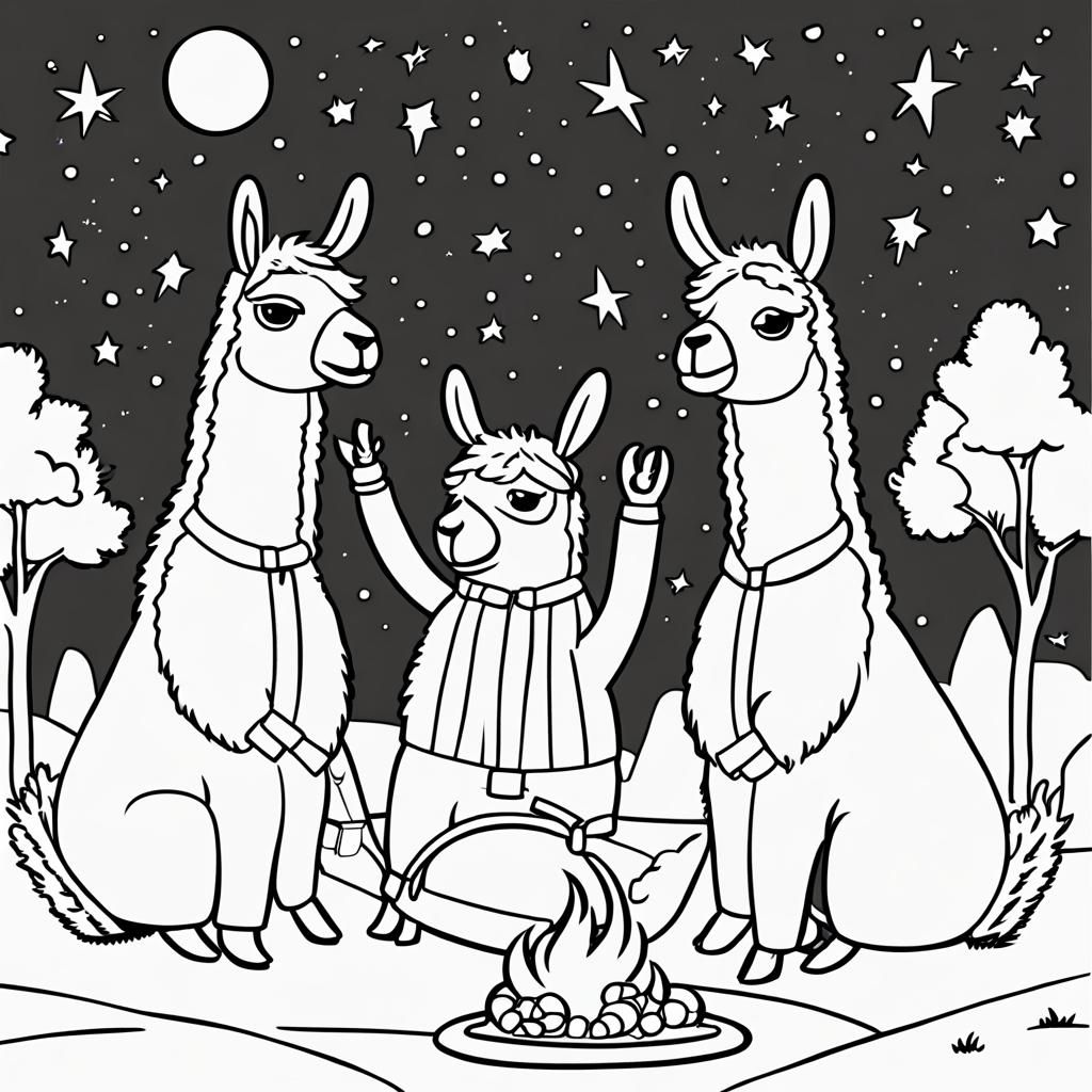 Llamas in Pajamas Coloring Page Under Starlit Sky