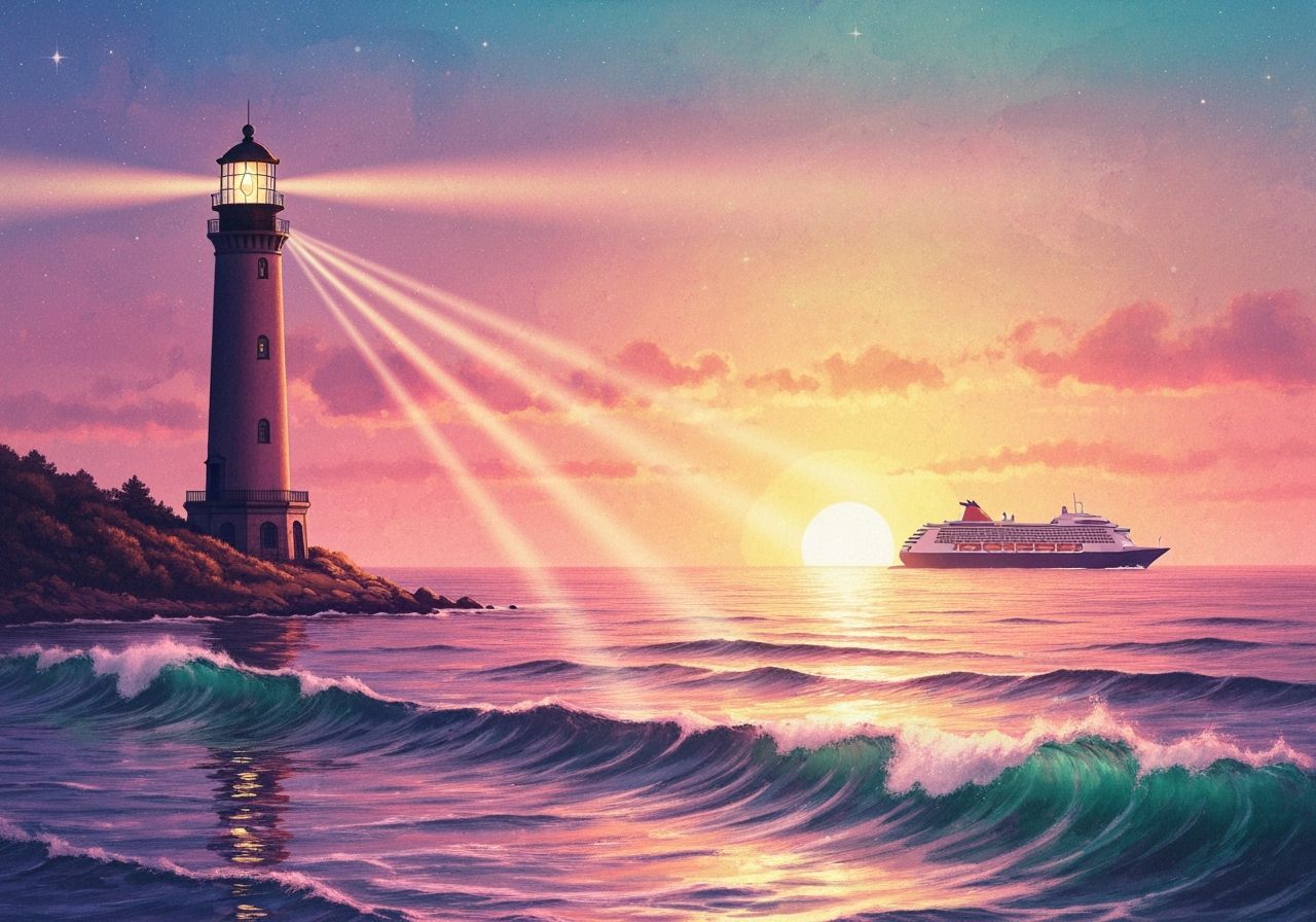 Lighthouse Beams Guide Cruise Ship at Sunrise