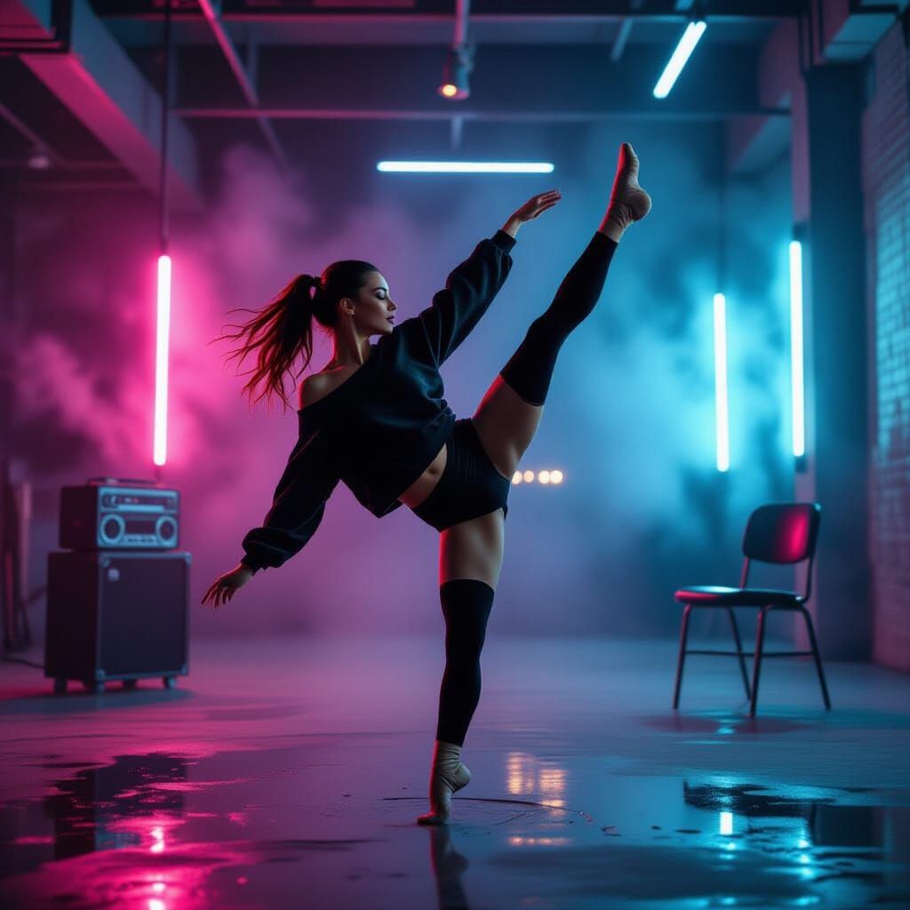 Female Dancer in Neon Lit Industrial Studio