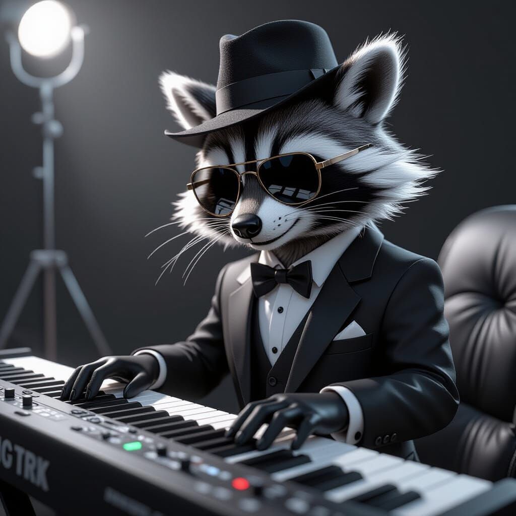 Raccoon Jazz Musician in Black and White Anime Style