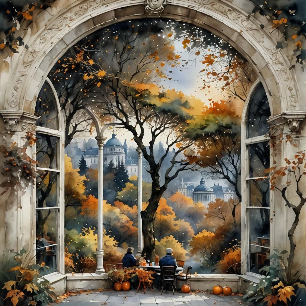 Autumn Park Cafe Rotunda: Watercolor Impasto Painting