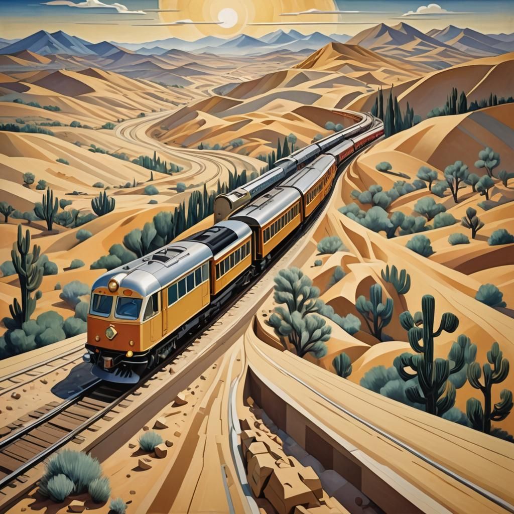 Gleaming Train Winds Through Desert in Cubist Style