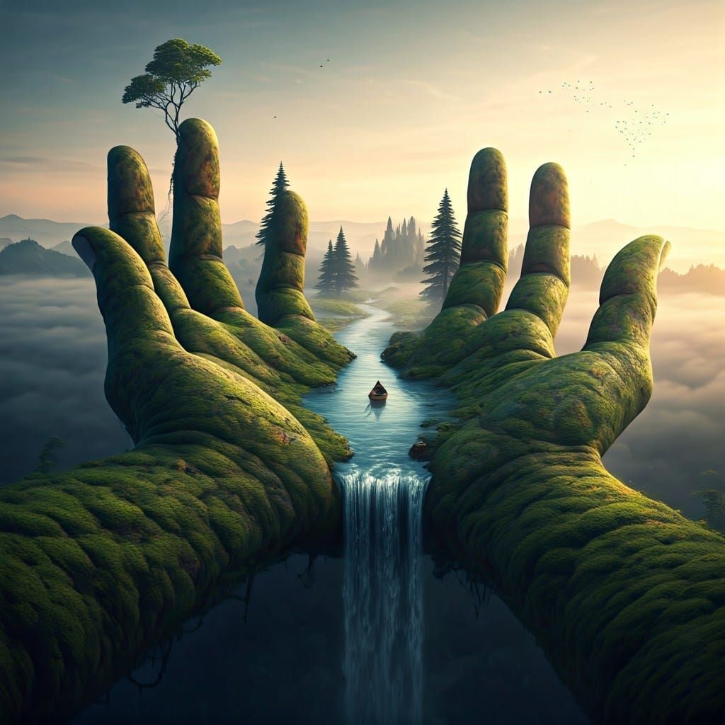 Surreal Hand Riverfall in Photorealistic Hyper-Realism