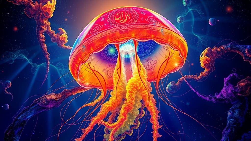Cosmic Jellyfish with Ancient Symbols in Fractal Ocean
