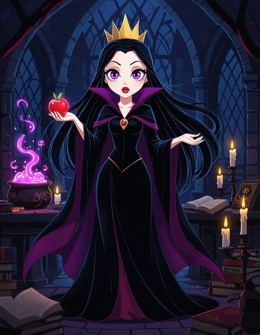 Anime Evil Queen with Poisoned Apple in Alchemy Chamber