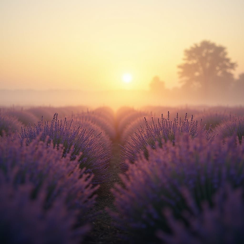 Lavender Field in Early Morning Light with Soft Romantic Ton...