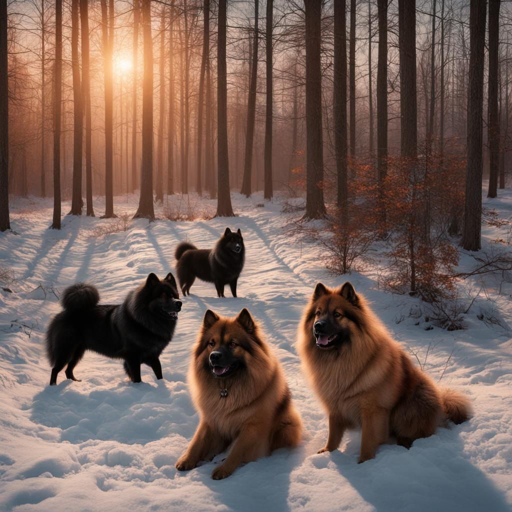 Eurasier Dogs at Sunrise in Digital Matte Painting