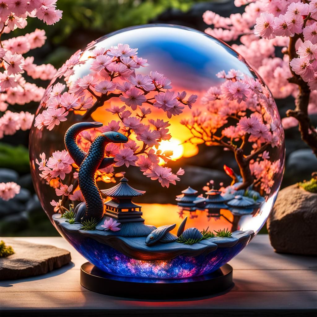 Koi Pond and Cherry Blossoms in Crystal Globe: 3D Render