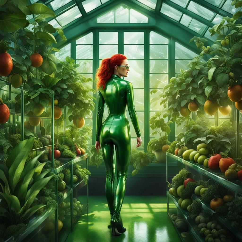 Lush Greenhouse Interior with Woman in Latex Catsuit