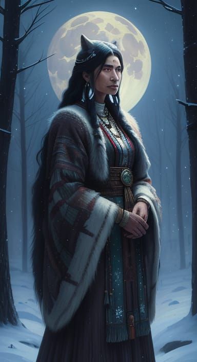 A woman in traditional Native American clothing, adorned wit...