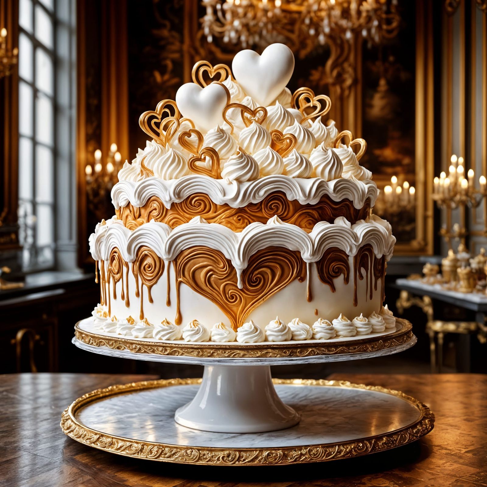 Opulent Meringue Heart Cake in Baroque Patisserie