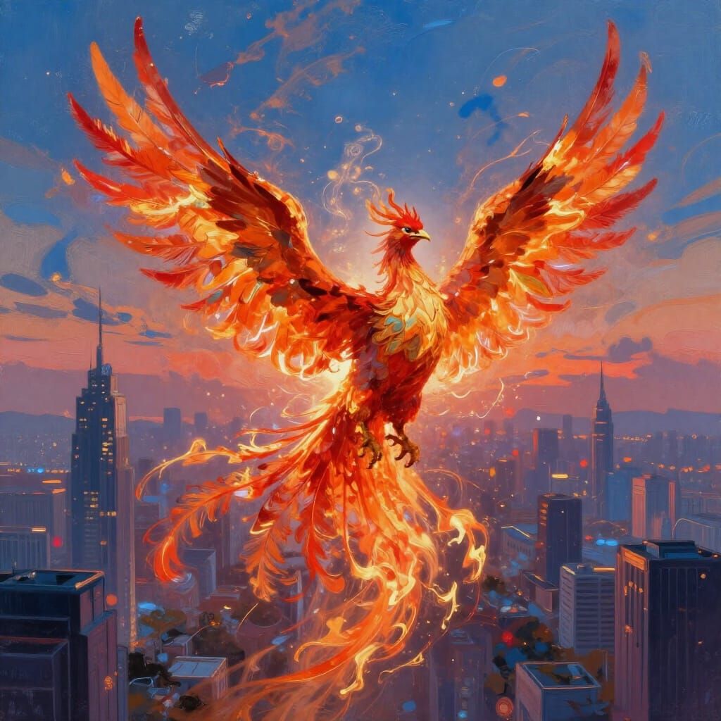 Phoenix Rebirth in Futuristic Cityscape