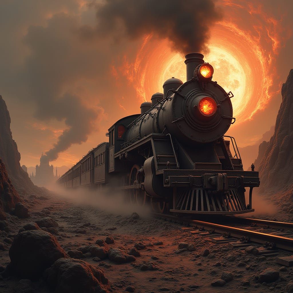 Demonic Train Unleashes Tormented Souls in Hellish Landscape