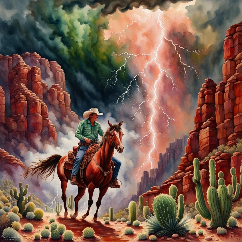 Cowboy in Crimson Canyon: Watercolor Thunderstorm