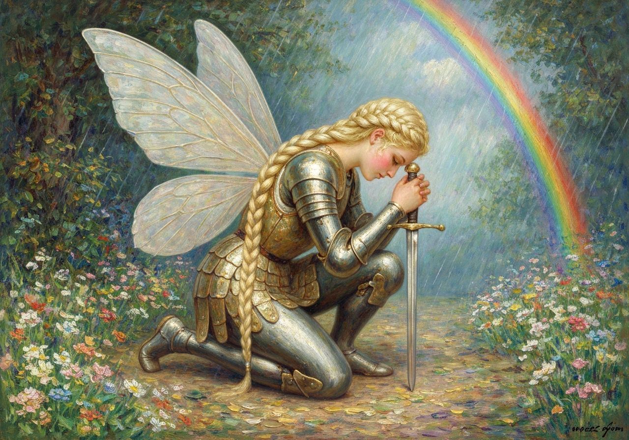 Fairy Knight in Flower Forest, Impressionistic Oil Painting