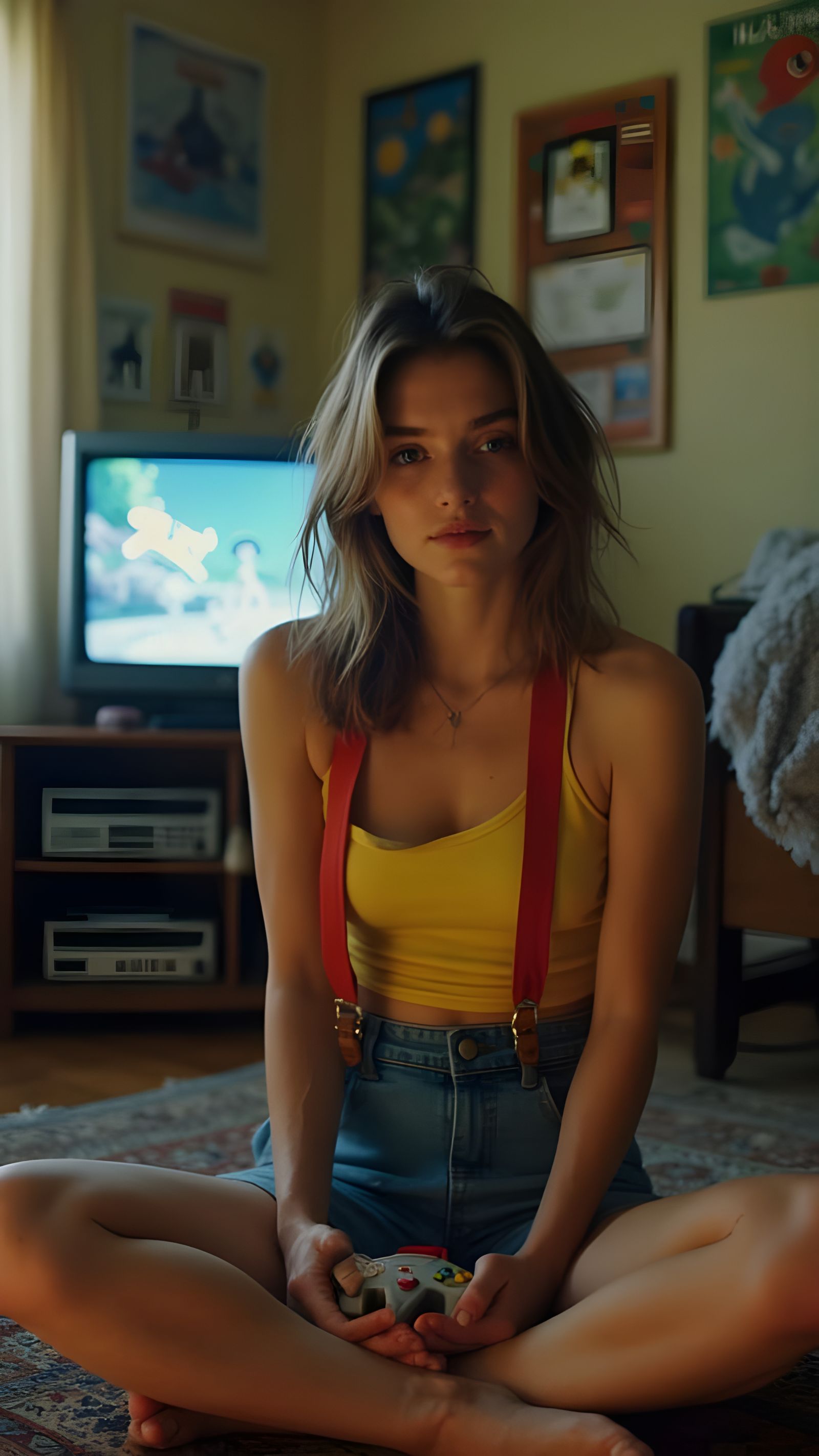 Gamer Girl Playing Pokemon Stadium, Cinematic Film Still