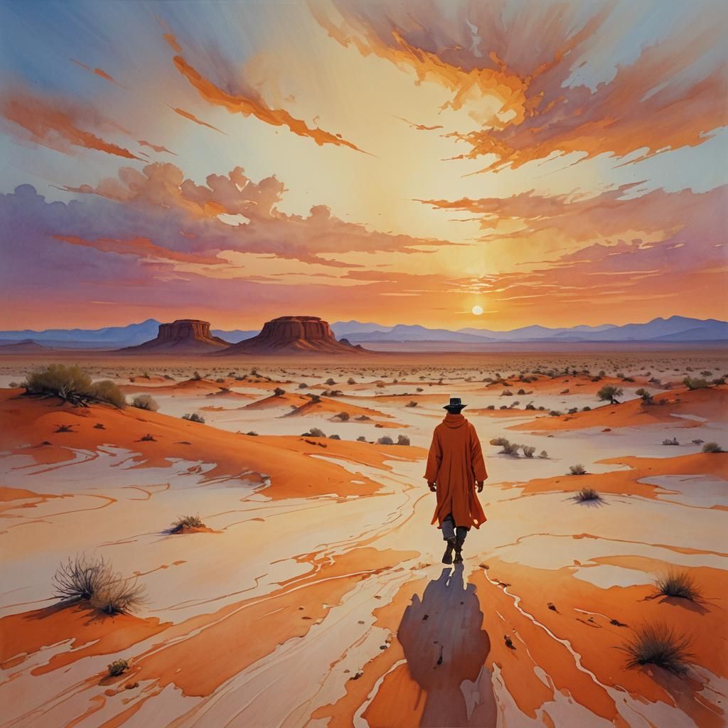 Surreal Orange Desert Scene in Whimsical Gouache Style