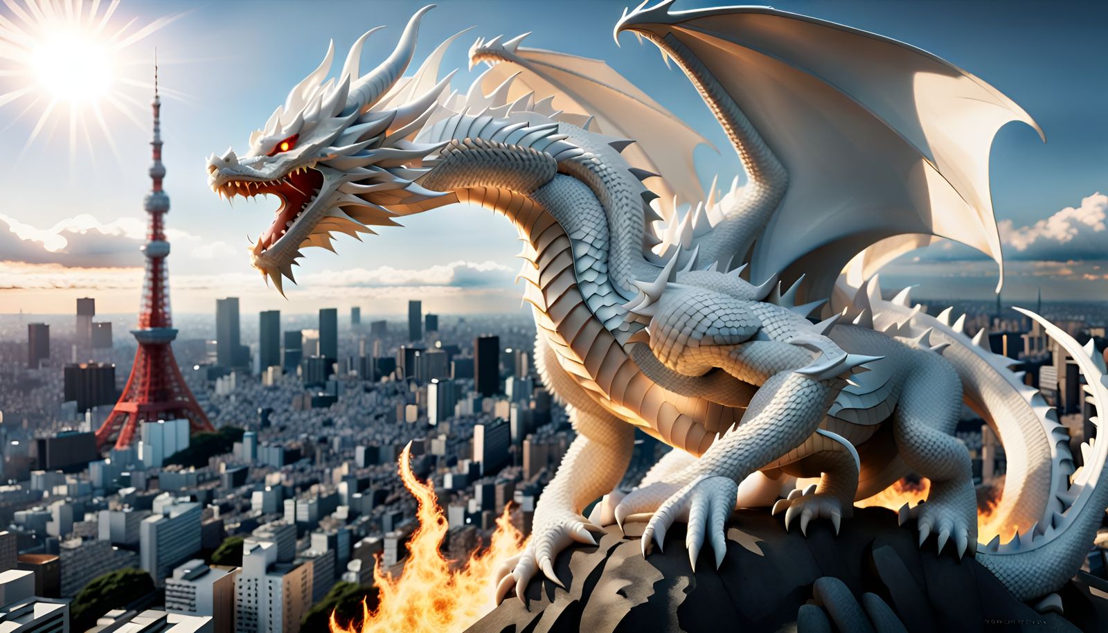 Fiery Dragon Over Tokyo in 3D