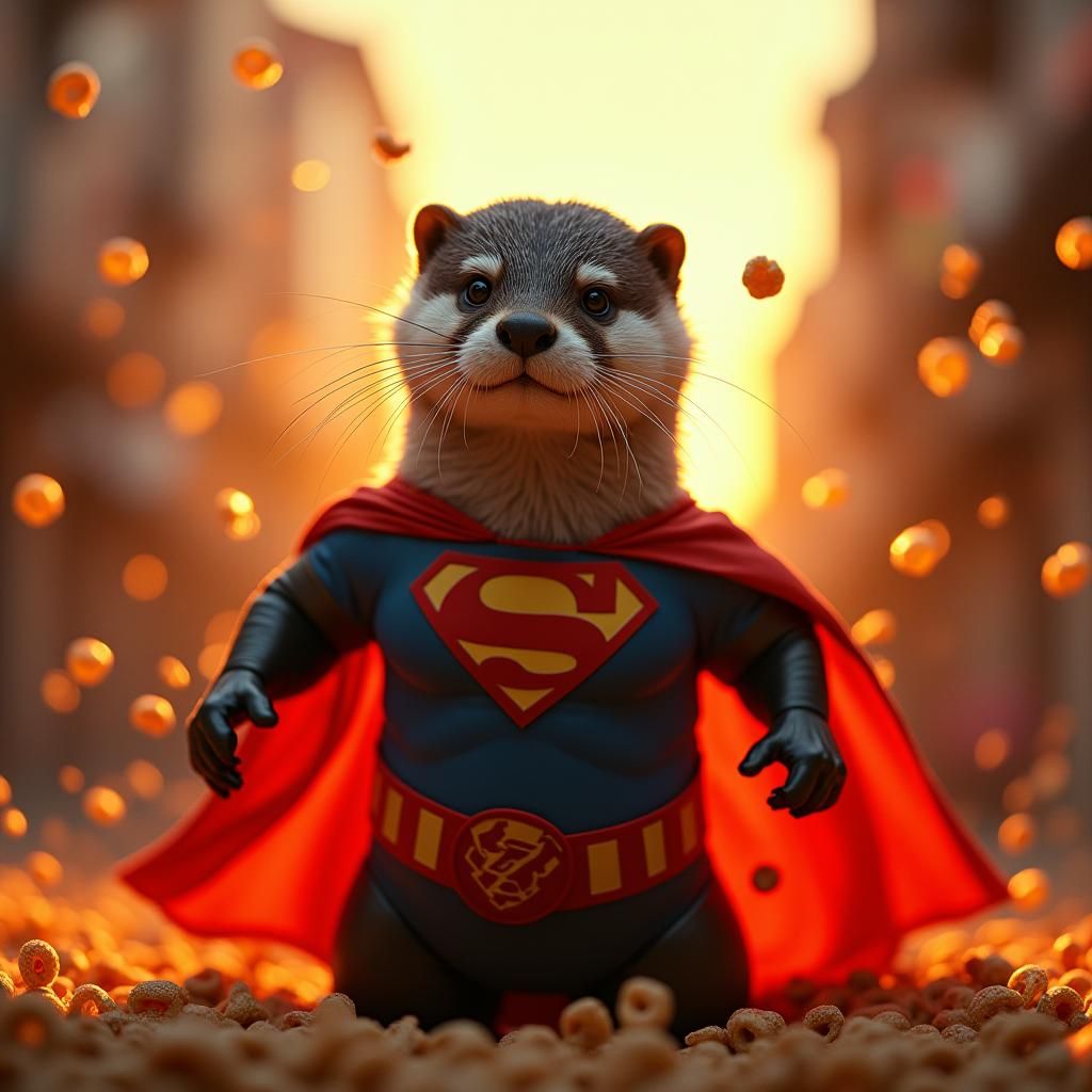 Heroic Otter in Cereal Cityscape, Cinematic Style