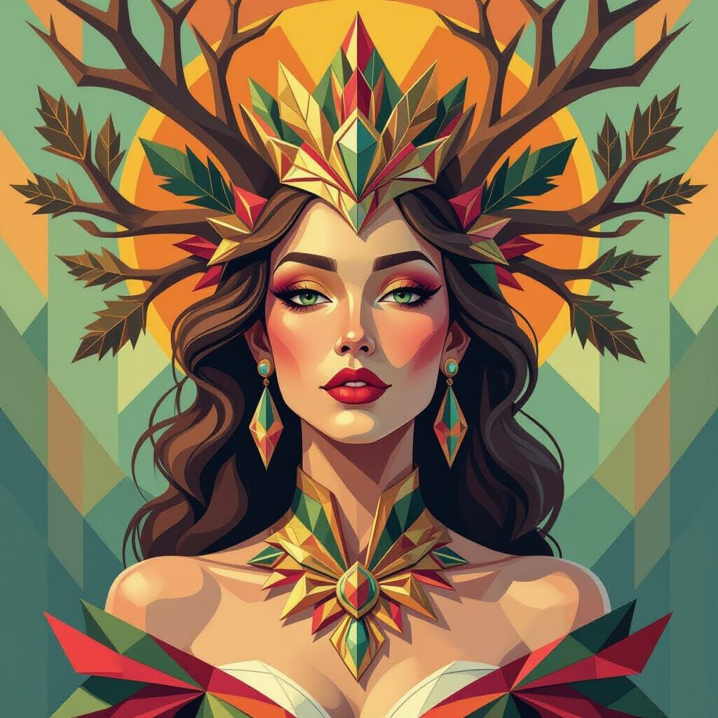 Majestic Oak Goddess in Geometric Fauvist Style