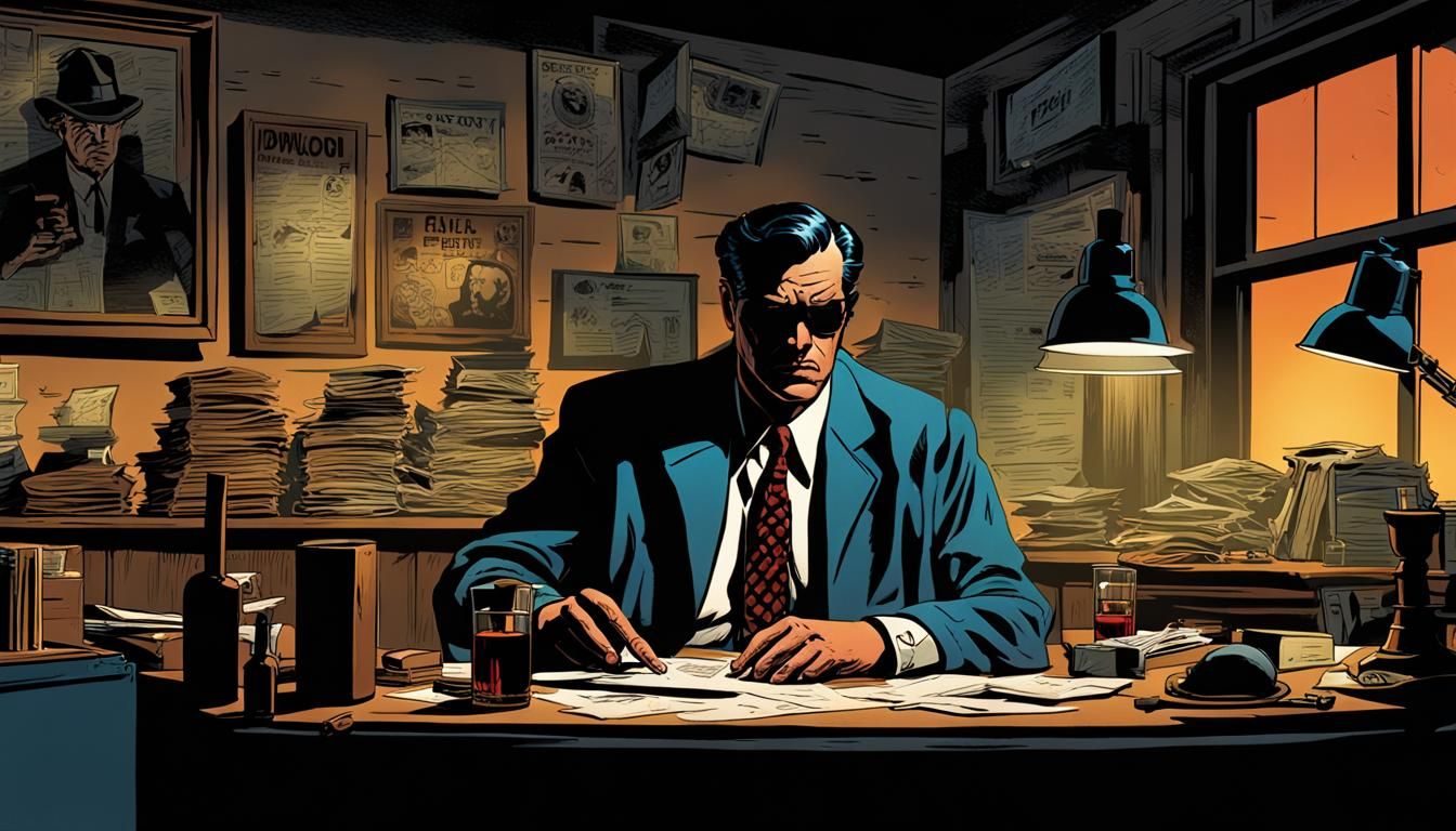 Detective's Disheveled Office in Pulp Noir Comic Style